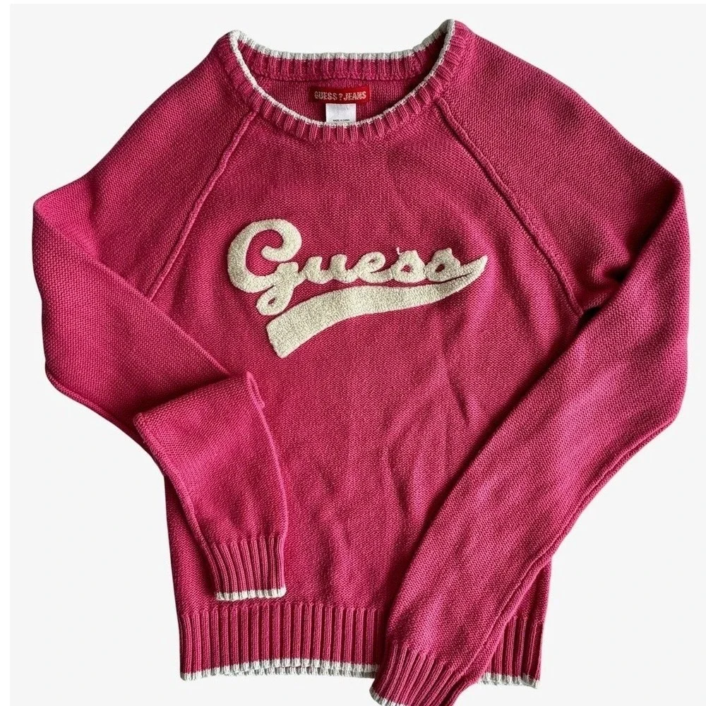 Guess Jeans Girls Pink Knit Varsity Logo Sweater Raglan Long Sleeve Q536A659 L/G